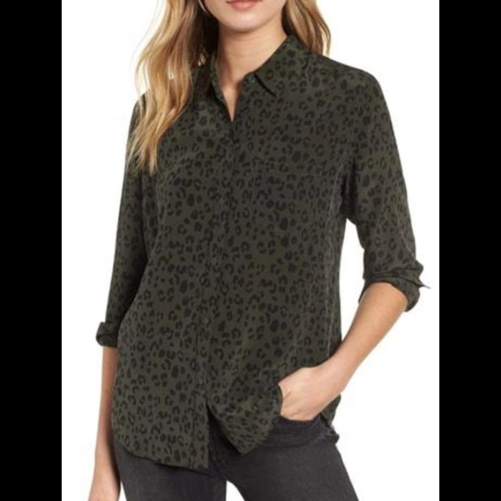 Rails: Kate Silk Green and Black Leopard Print Button-Up Shirt.